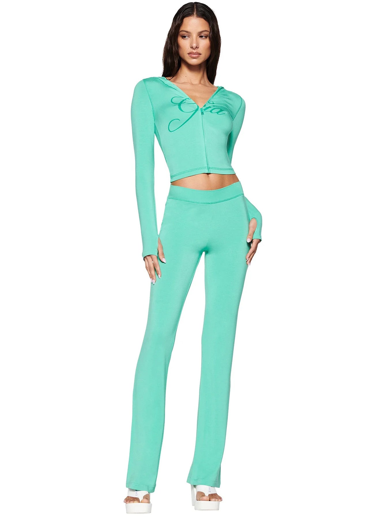 Hr25071 European and American Fashion Women's Cross-Border Supply Printed Hooded Long-Sleeved Thumb Buckle Micro-Flared Two-Piece Suit