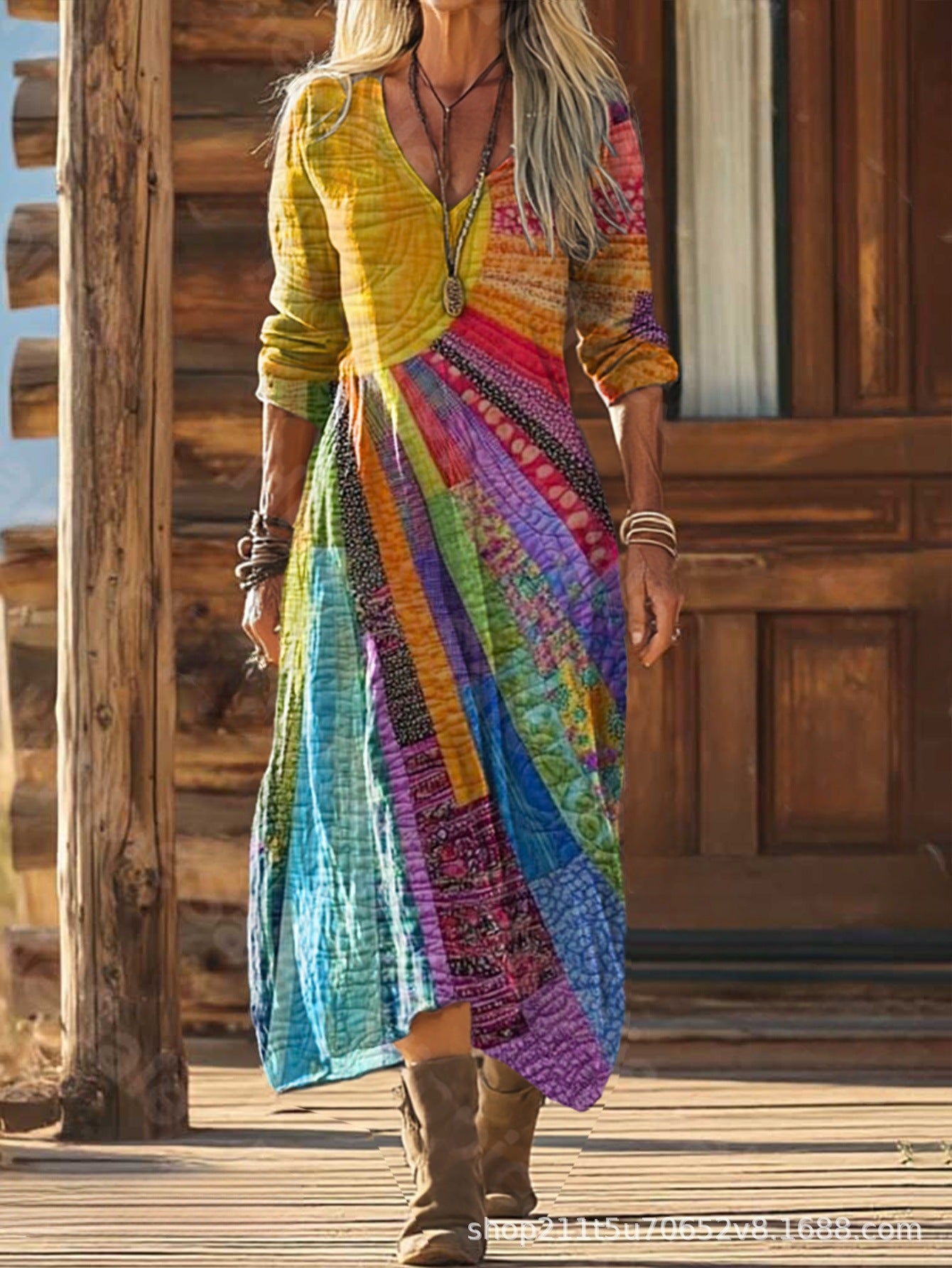 European and American Ethnic Style Long Sleeve Cross-Border Amazon Women's New Printed Dress Dress