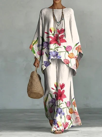 European and American Independent Station 26 New Y2 round Neck Batwing Sleeve Printing Suit Bohemian Style Lazy Casual Two-Piece Suit
