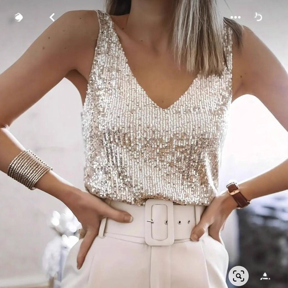 2025 Cross-Border European and American Women's Clothing Sequin Tank Top Amazon Sleeveless V-Neck Top Summer