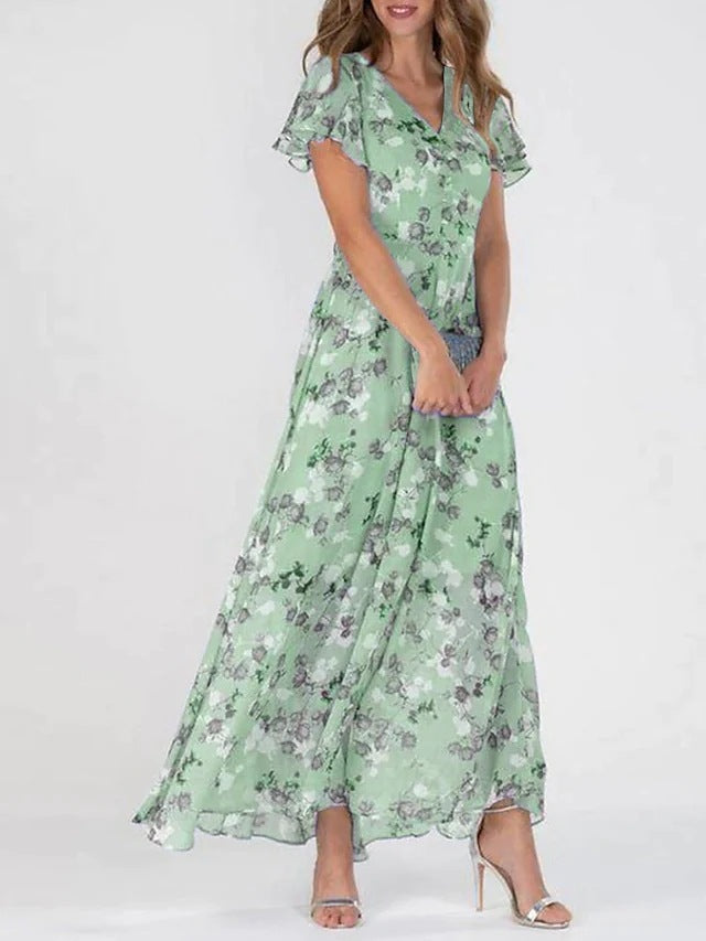 2025 European and American New Style Beach Long Skirt Chiffon Floral Short-Sleeved Ruffled V Neck Fashion Waist Dress