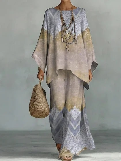 European and American Independent Station 26 New Y2 round Neck Batwing Sleeve Printing Suit Bohemian Style Lazy Casual Two-Piece Suit