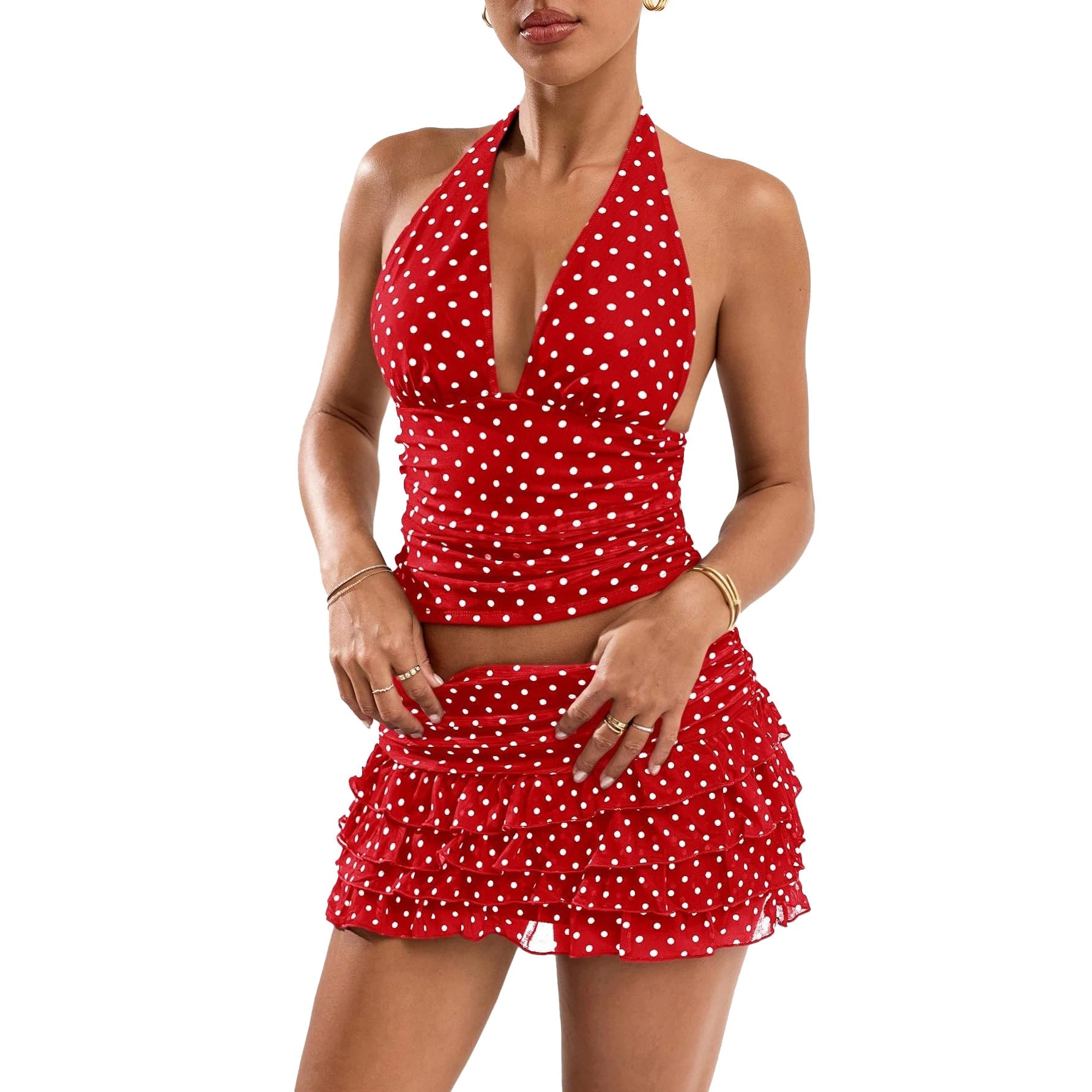 D9794 Amazon European and American Hot-Selling Women's Clothing Sexy Polka Dot Print Halterneck Vest and Ear-Hemmed Skirt Suit