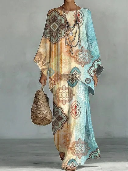 European and American Independent Station 26 New Y2 round Neck Batwing Sleeve Printing Suit Bohemian Style Lazy Casual Two-Piece Suit
