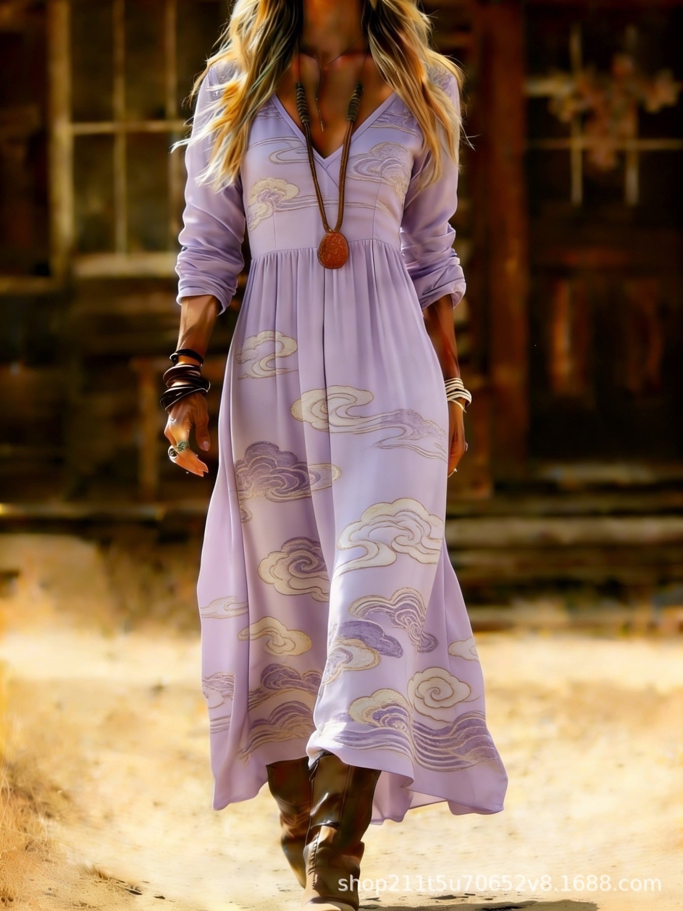 European and American Ethnic Style Long Sleeve New Printed Dress Women's Dress