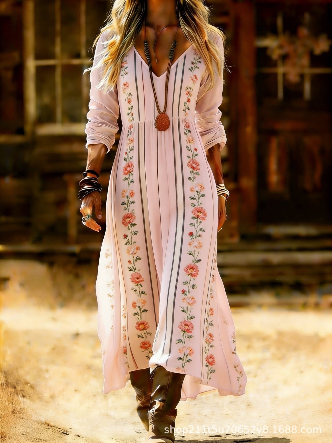 European and American Ethnic Style Long Sleeve Cross-Border Amazon Women's New Printed Dress Dress