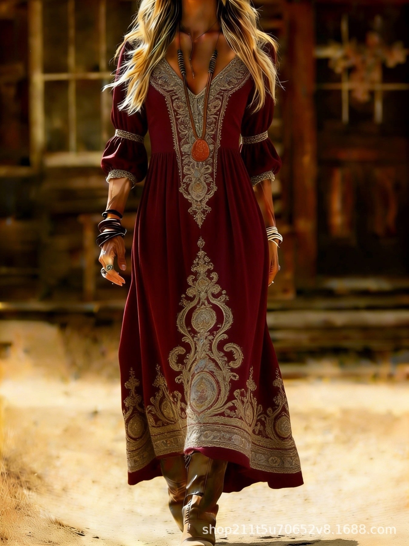 European and American Ethnic Style Long Sleeve New Printed Dress Women's Dress
