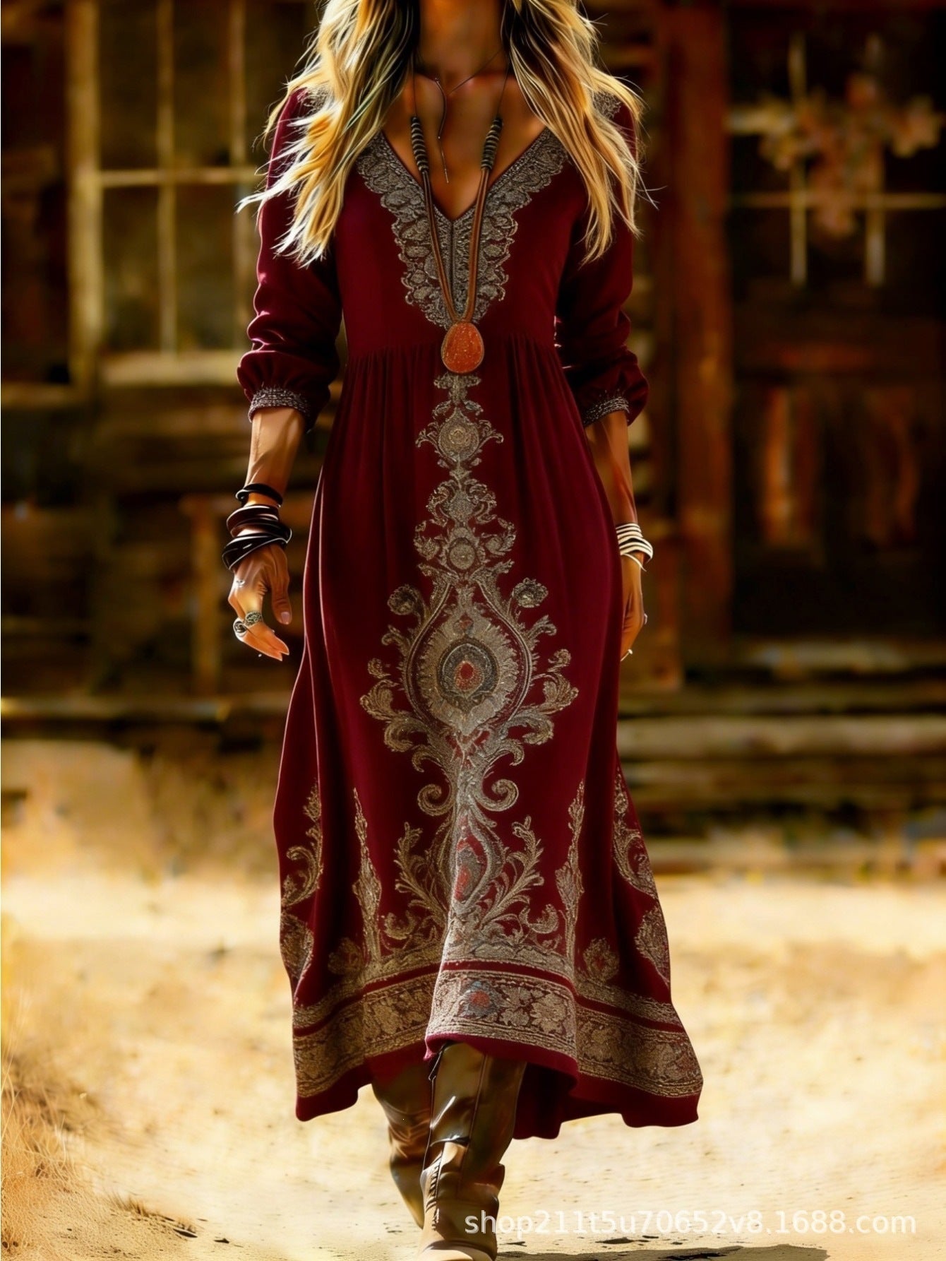European and American Ethnic Style Long Sleeve New Printed Dress Women's Dress