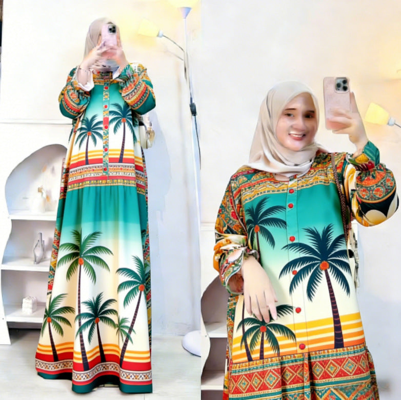 Bohemian Style Fruit Print Muslim Long Dress Loose Lantern Sleeve Stand Collar Dress Source Factory