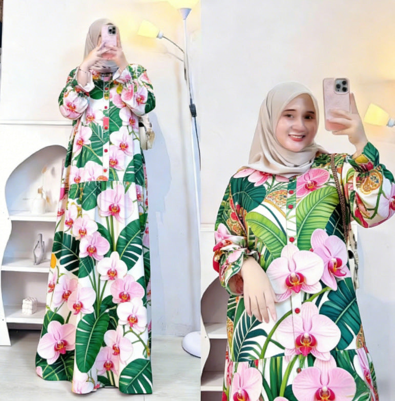 Bohemian Style Vintage Architecture Butterfly Orchid Long Dress Loose Lantern Sleeve Muslim Dress