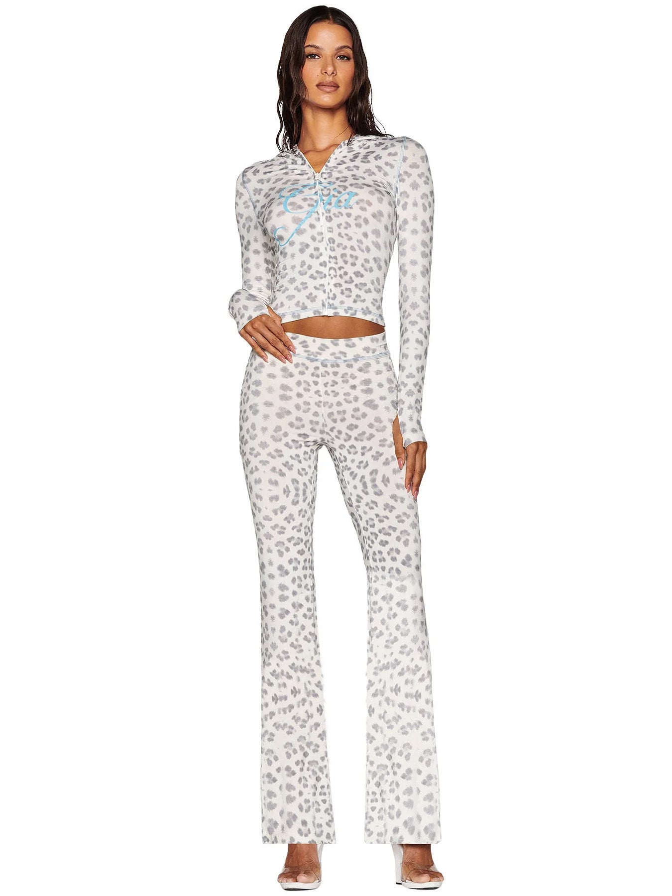 Hr25071 European and American Fashion Women's Cross-Border Supply Printed Hooded Long-Sleeved Thumb Buckle Micro-Flared Two-Piece Suit