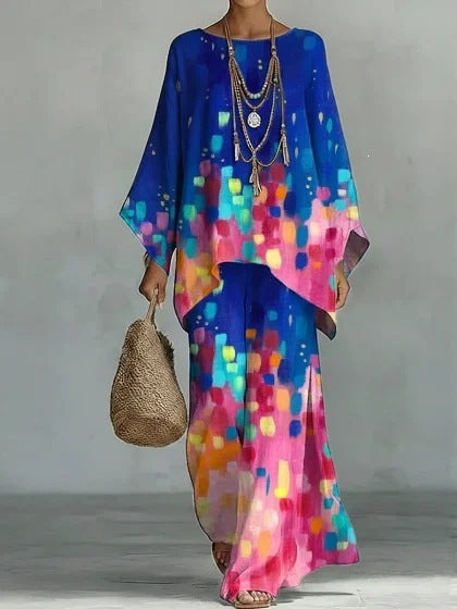 European and American Independent Station 26 New Y2 round Neck Batwing Sleeve Printing Suit Bohemian Style Lazy Casual Two-Piece Suit