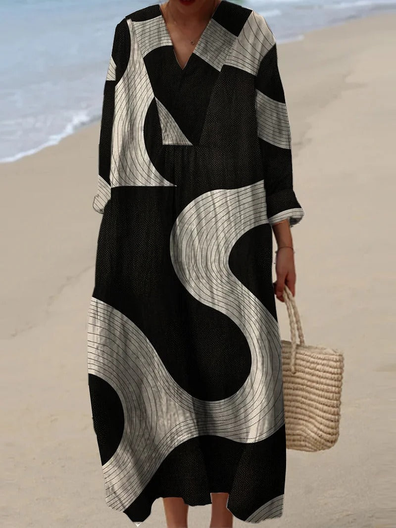 2025 Cross-Border Independent Station Amazon Long Sleeve Shirt Dress Women's Casual Floral 3D Printed Sleeve Long Skirt