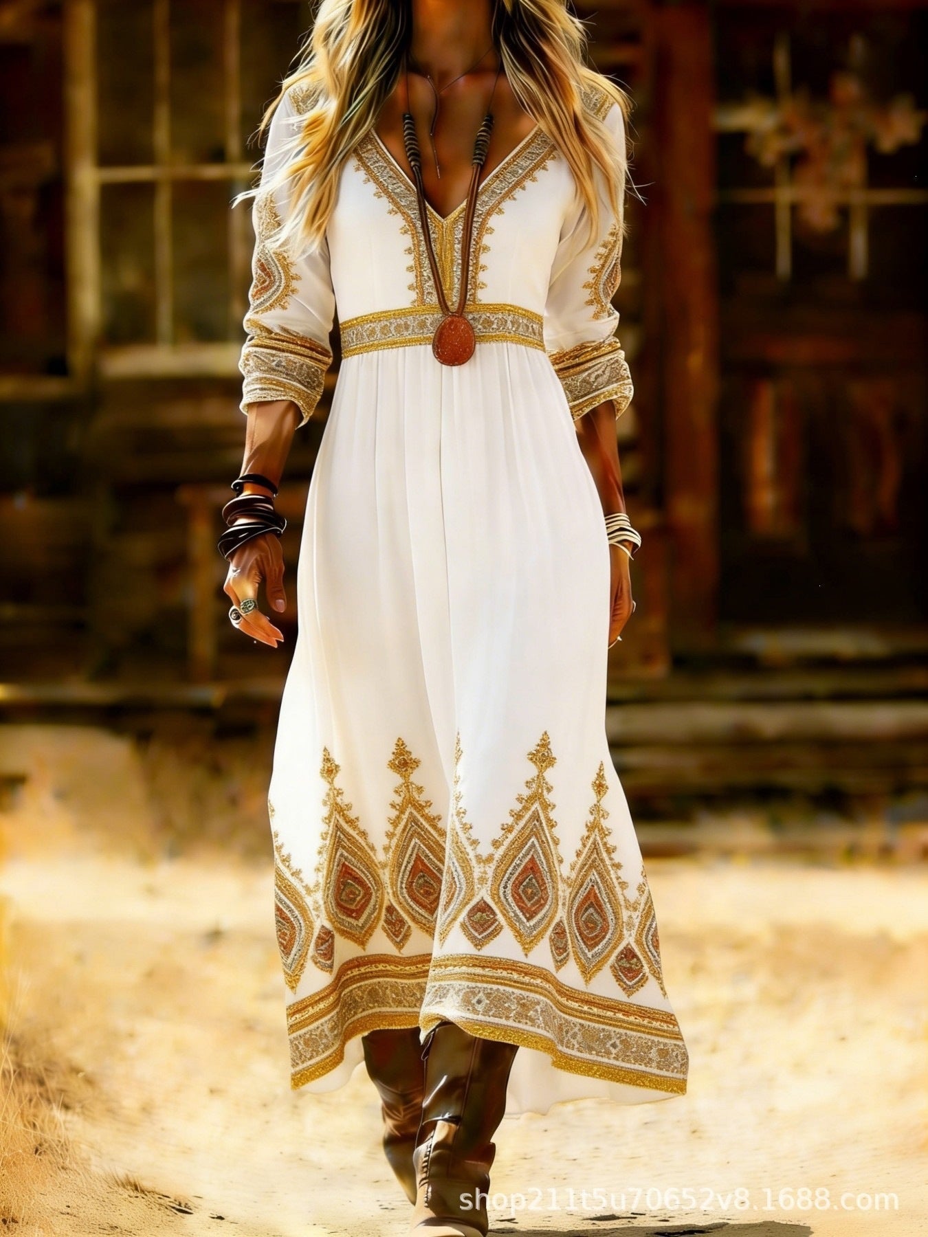 European and American Ethnic Style Long Sleeve New Printed Dress Women's Dress