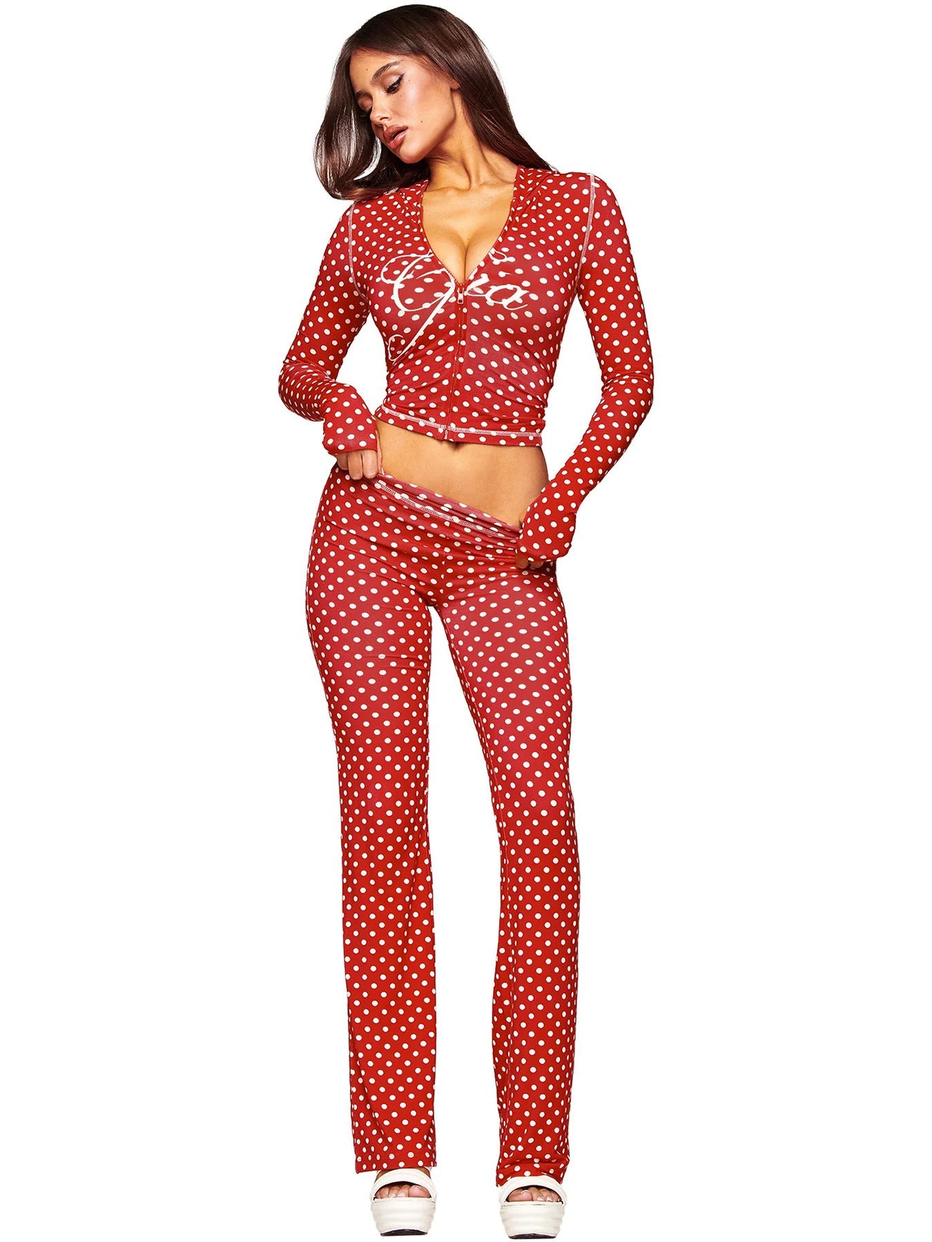 Hr25071 European and American Fashion Women's Cross-Border Supply Printed Hooded Long-Sleeved Thumb Buckle Micro-Flared Two-Piece Suit