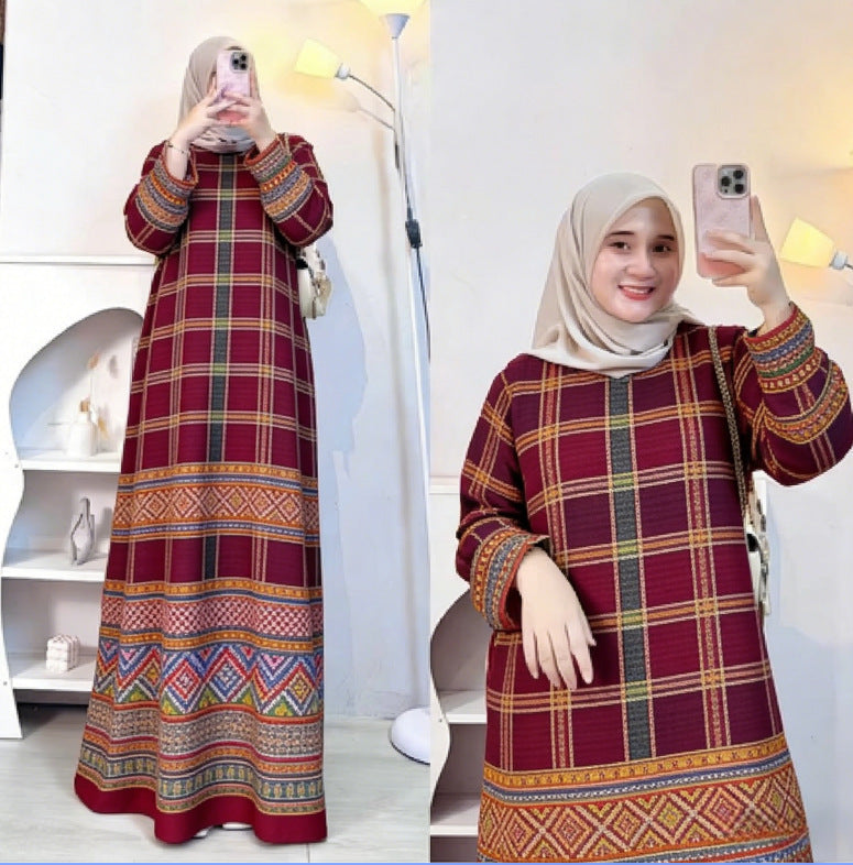 Bohemian Style Vintage Architecture Butterfly Orchid Long Dress Loose Lantern Sleeve Muslim Dress
