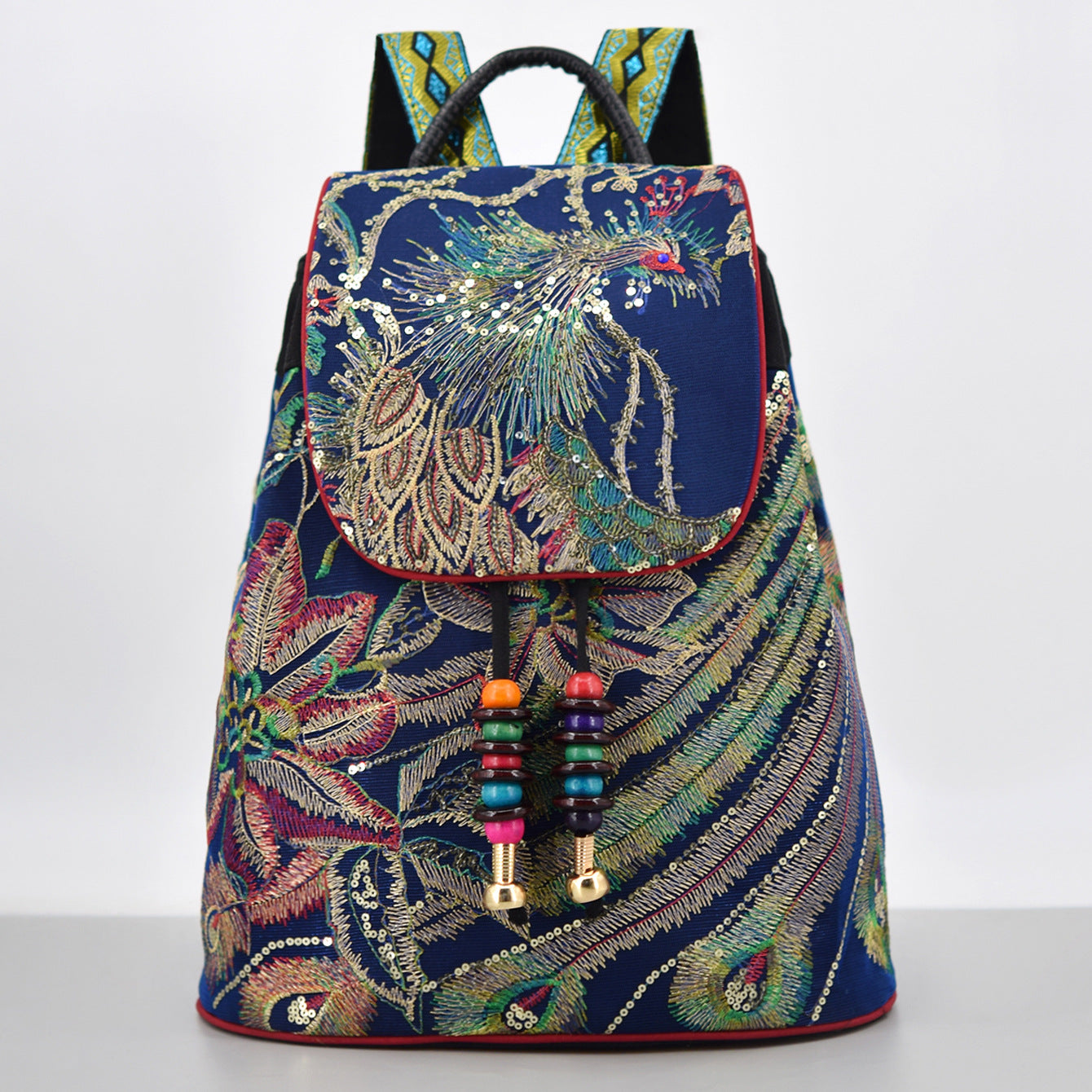Ethnic Style Embroidered Backpack, Versatile Commuter Women's Canvas Travel Backpack, Elderly Student Bucket Backpack