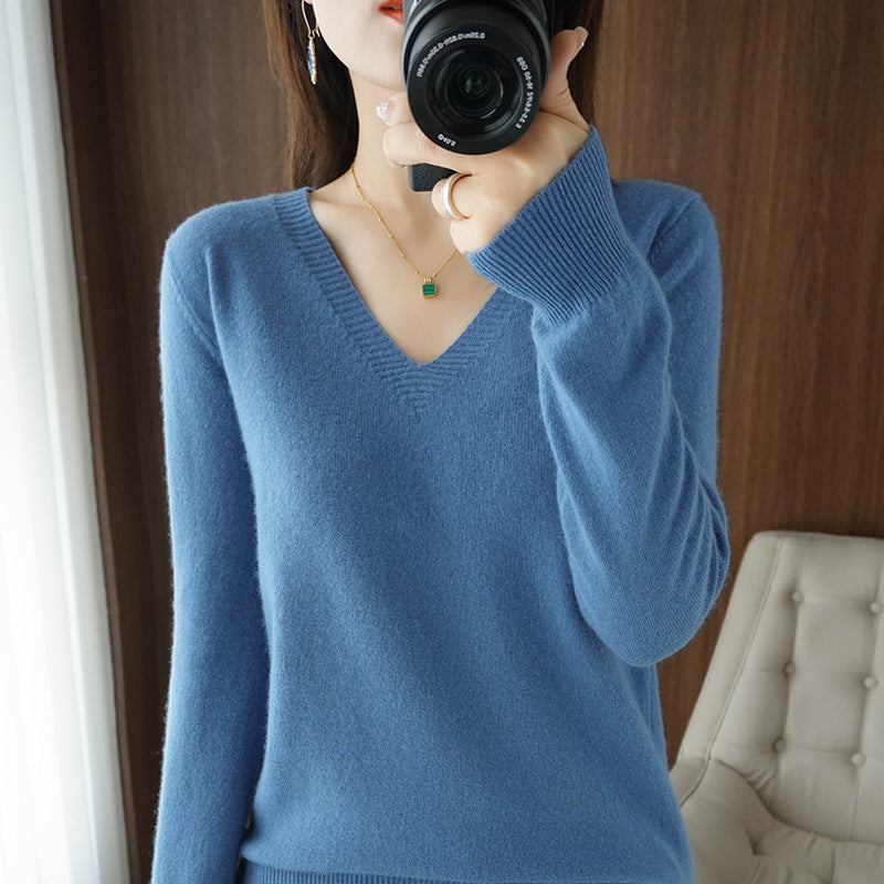 2025 Spring New Pure Color V Neck Knitted Bottoming Shirt Pullover Slimming Look Sweater Thin Style Western Style Inner Wear