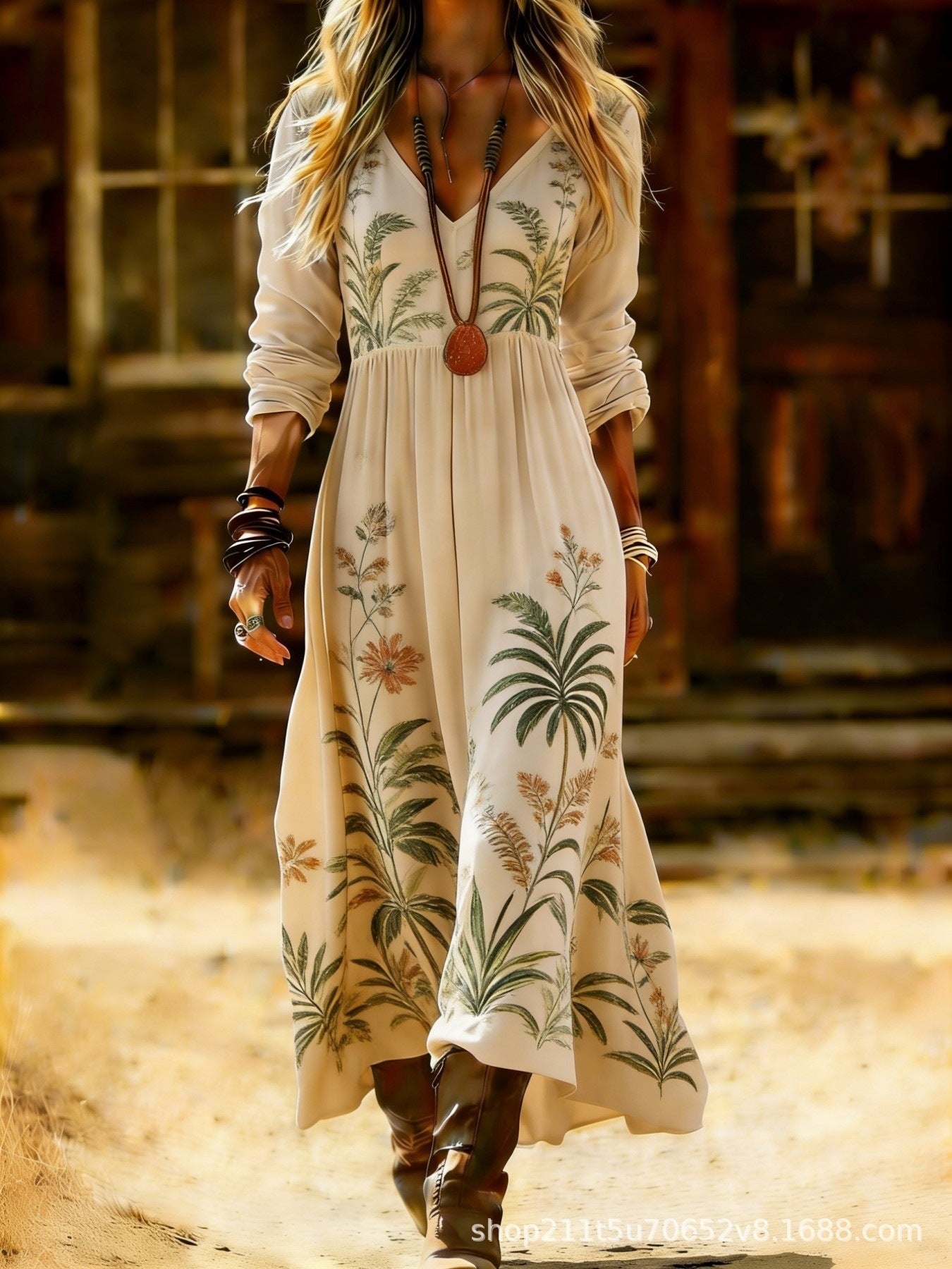 European and American Ethnic Style Long Sleeve New Printed Dress Women's Dress