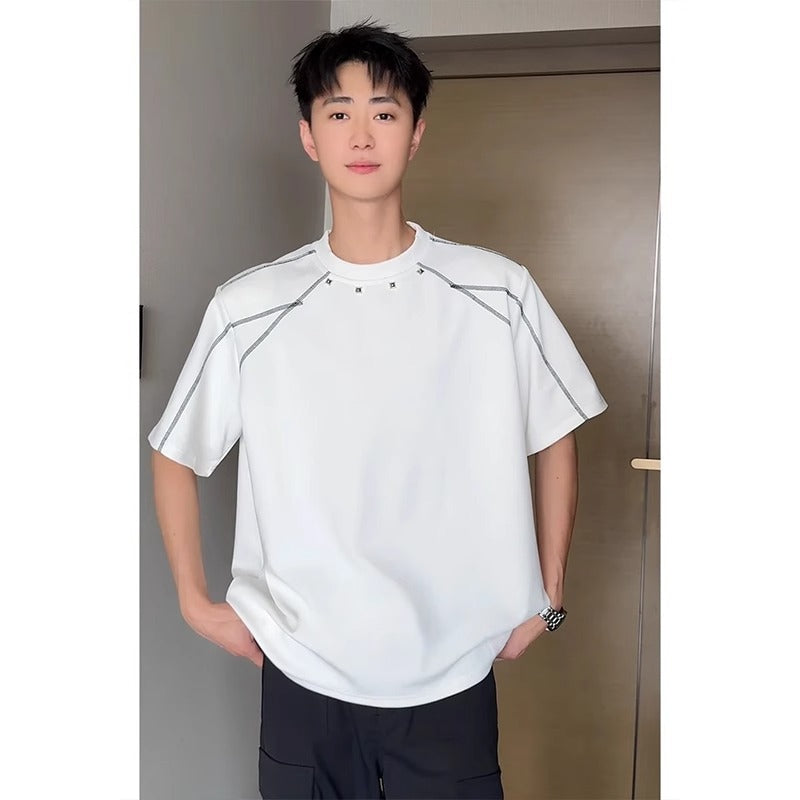 Rivet Shoulder Pad Exposed Stitching Deconstructed Heavyweight Short-Sleeve T-Shirt for Men, Summer American Style Trendy Brand, Boxy High-End Feel, Half-Sleeve