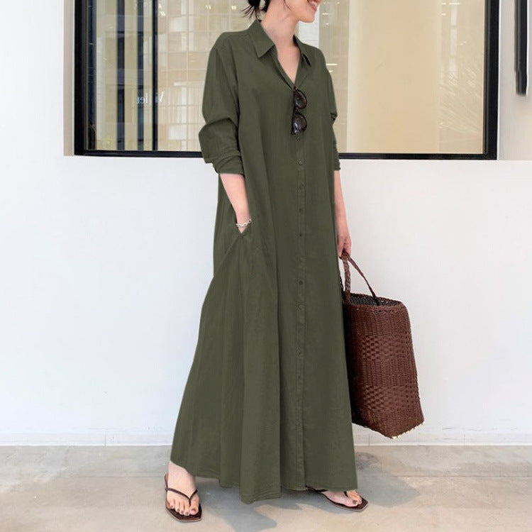 European and American New Casual Loose Women's Solid Color Lapel Long-Sleeved Pocket Simple Long Dress