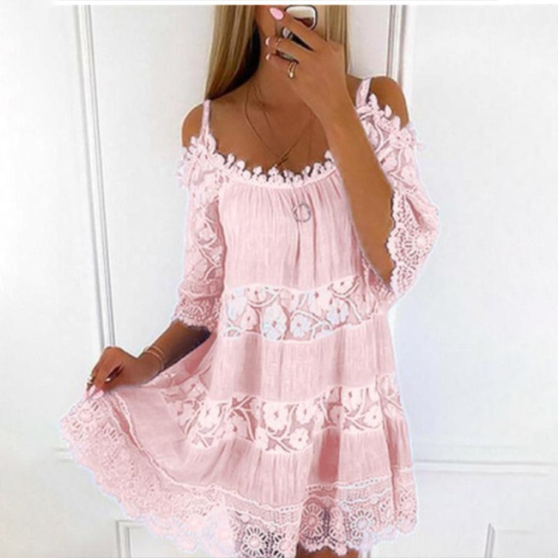 Cross-Border Amazon Princess Style European and American Dress Off-Shoulder Lace Suspender Skirt Fashionable Solid Color Loose Dress