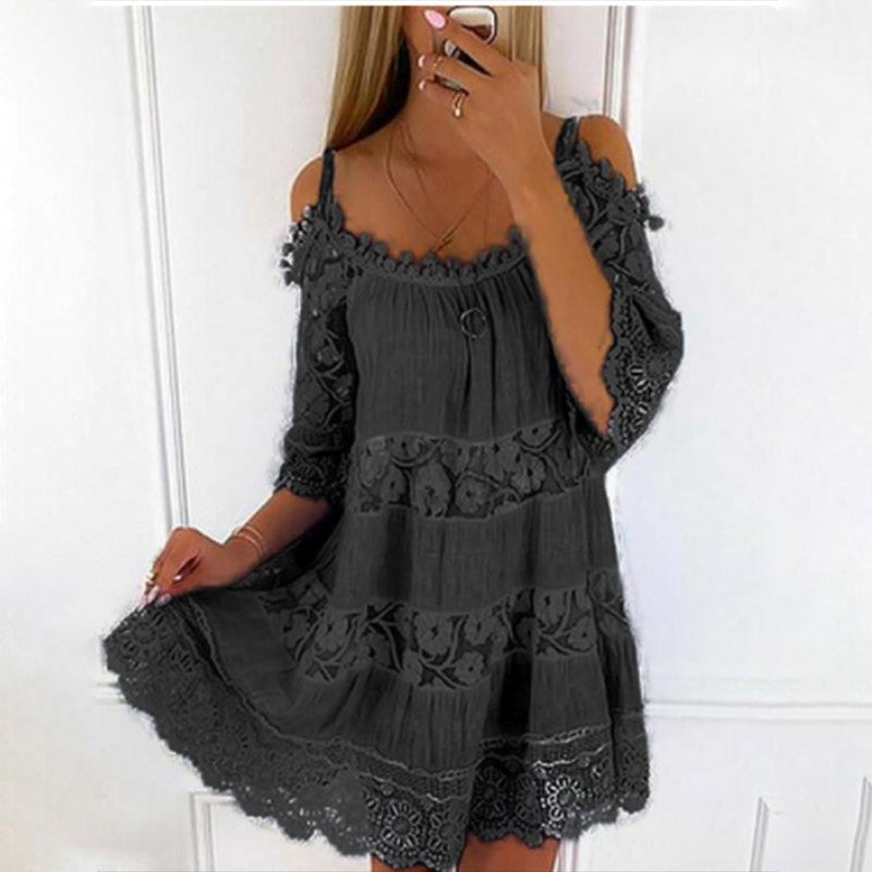 Cross-Border Amazon Princess Style European and American Dress Off-Shoulder Lace Suspender Skirt Fashionable Solid Color Loose Dress