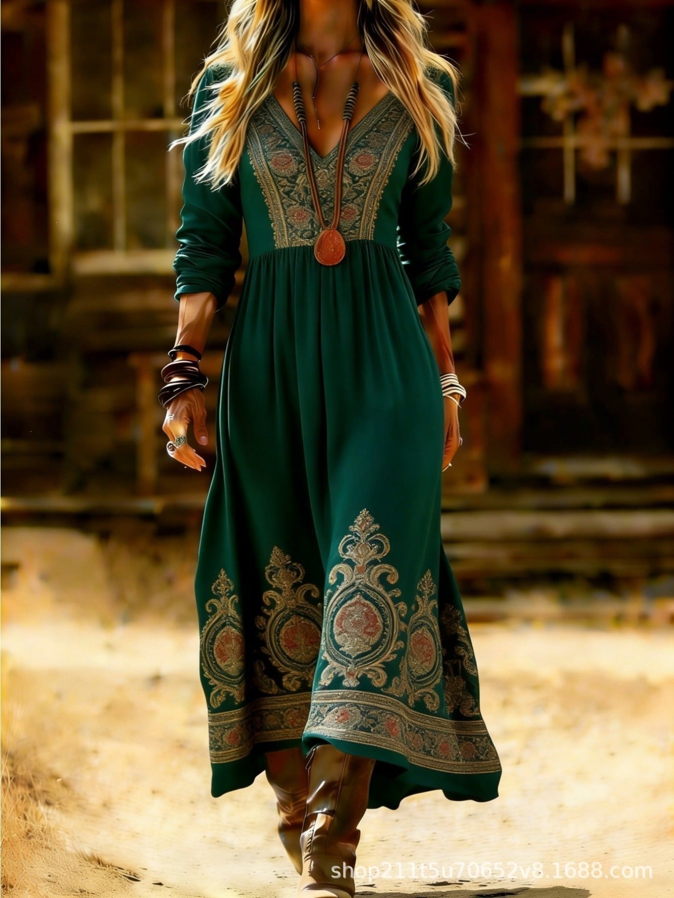 European and American Ethnic Style Long Sleeve New Printed Dress Women's Dress
