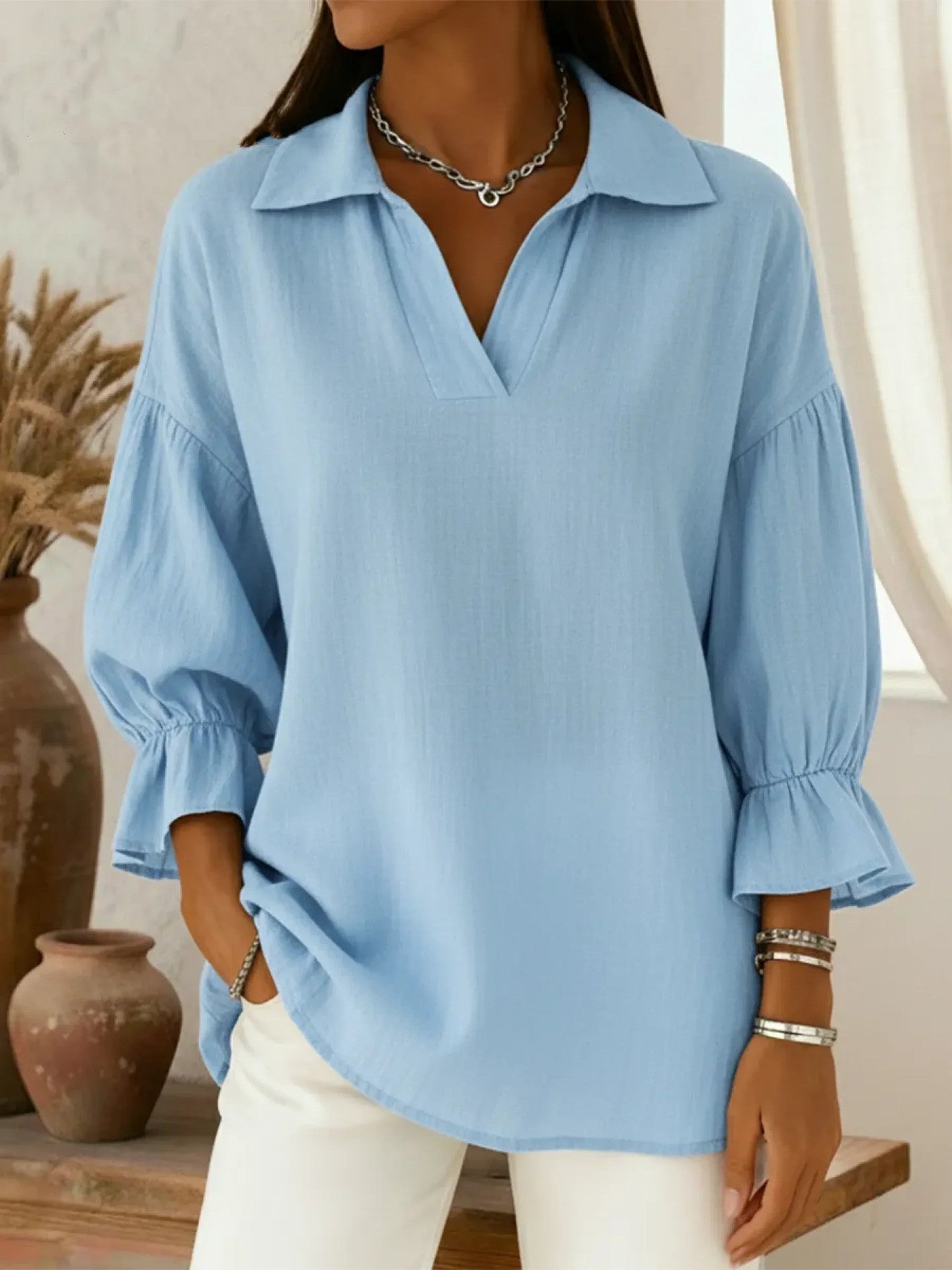 European and American Amazon Cross-Border Foreign Trade Women's Spring and Autumn New Solid Color Casual Loose Fashion Turn-Down Collar Long-Sleeve Top