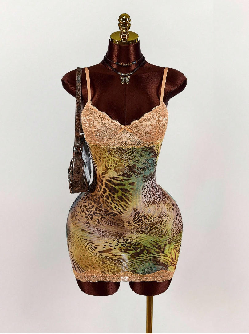 2025 Cross-Border Amazon Sexy Lace Suspender Skirt Waist Retro Print Backless Floral Hip Skirt Fragmented Dress