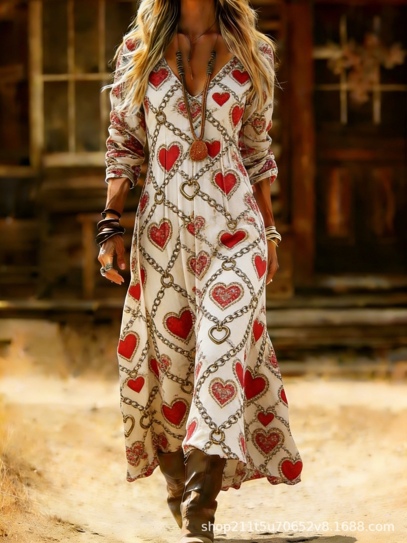European and American Ethnic Style Long Sleeve Cross-Border Amazon Women's New Printed Dress Dress