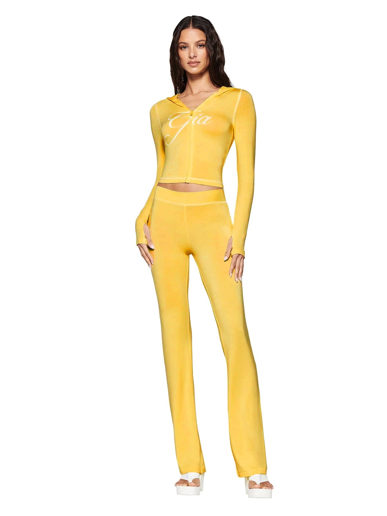 Hr25071 European and American Fashion Women's Cross-Border Supply Printed Hooded Long-Sleeved Thumb Buckle Micro-Flared Two-Piece Suit