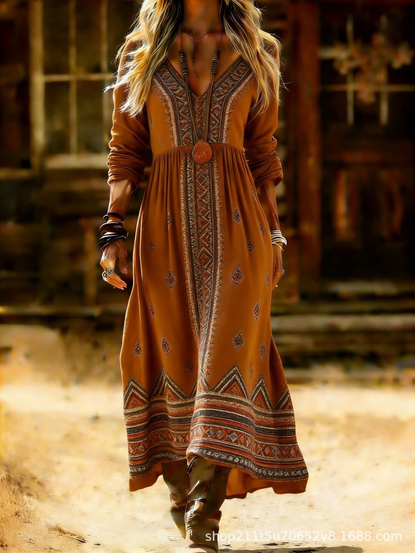 European and American Ethnic Style Long Sleeve New Printed Dress Women's Dress