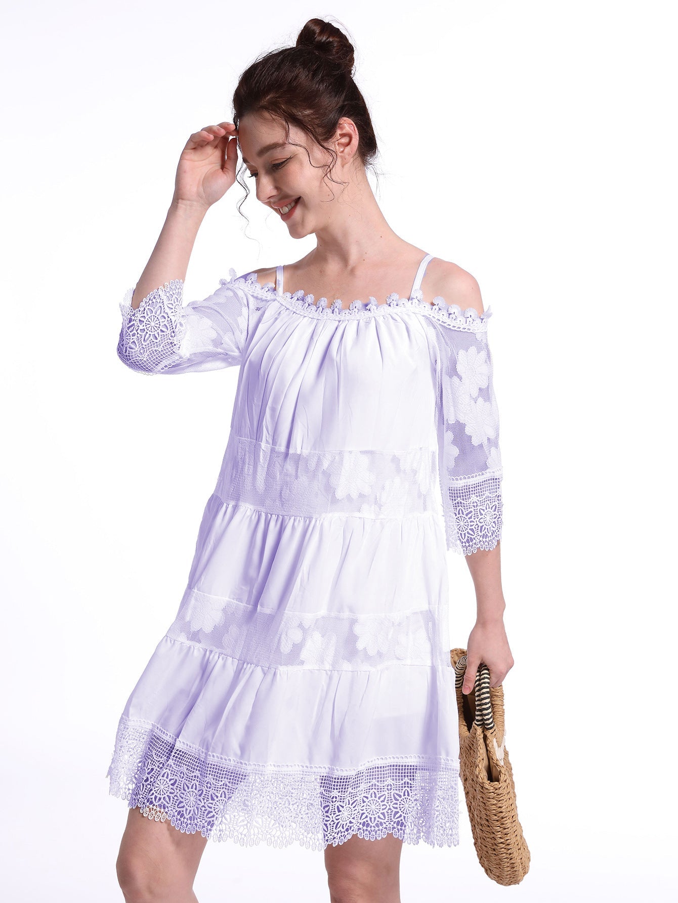 Cross-Border Amazon Princess Style European and American Dress Off-Shoulder Lace Suspender Skirt Fashionable Solid Color Loose Dress