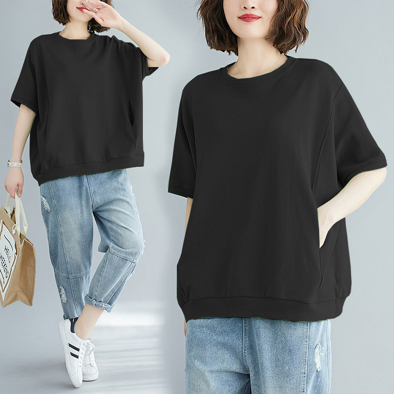 Plus Size Plus Fat Women's Clothing 100kg Summer Loose Large Size Flesh-Covering Slimming Look Top Pure Color Round Neck Short-Sleeved T-Shirt