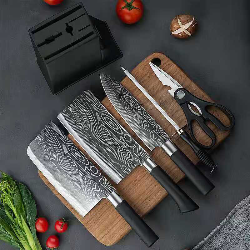 Cross-Border Stainless Steel Kitchen Knife Damascus Chef Knife Complete Set Kitchen Household Fruit Knife Retro Style