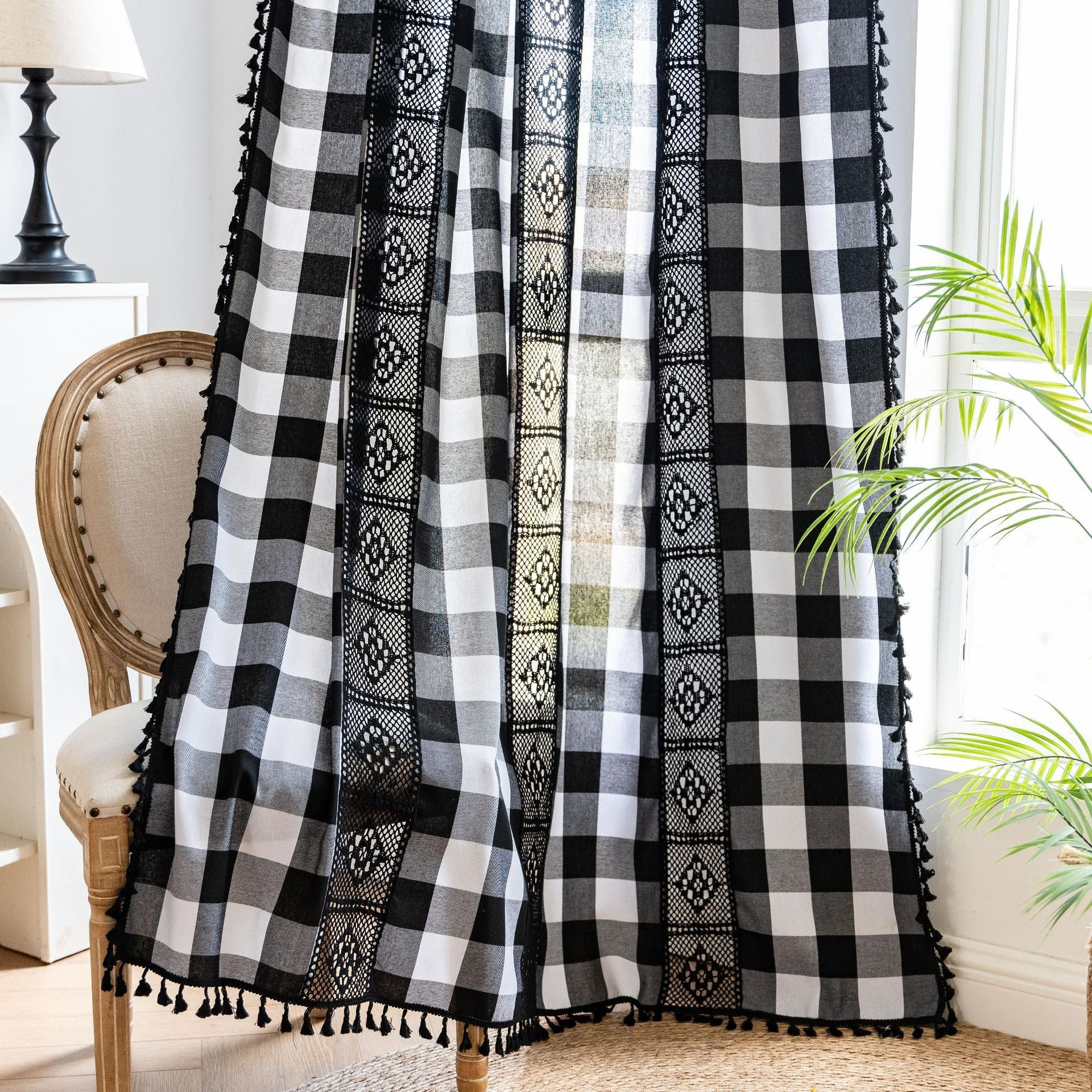 Finished Curtain Cross-border Exclusive for American Crochet Plaid Splicing Kitchen Partition Curtain Semi-transparent Small Window Floating Curtain