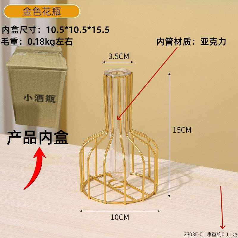Light Luxury Golden Iron Home Soft Decoration Dining Table Living Room Decorations Transparent Vase Flower-arranging Hydroponic Container Ornaments