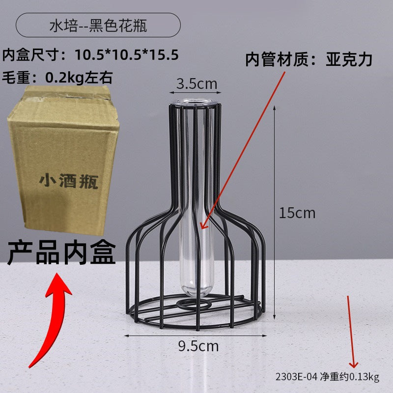 Light Luxury Golden Iron Home Soft Decoration Dining Table Living Room Decorations Transparent Vase Flower-arranging Hydroponic Container Ornaments