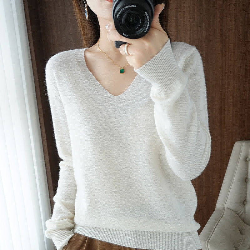 2025 Spring New Pure Color V Neck Knitted Bottoming Shirt Pullover Slimming Look Sweater Thin Style Western Style Inner Wear