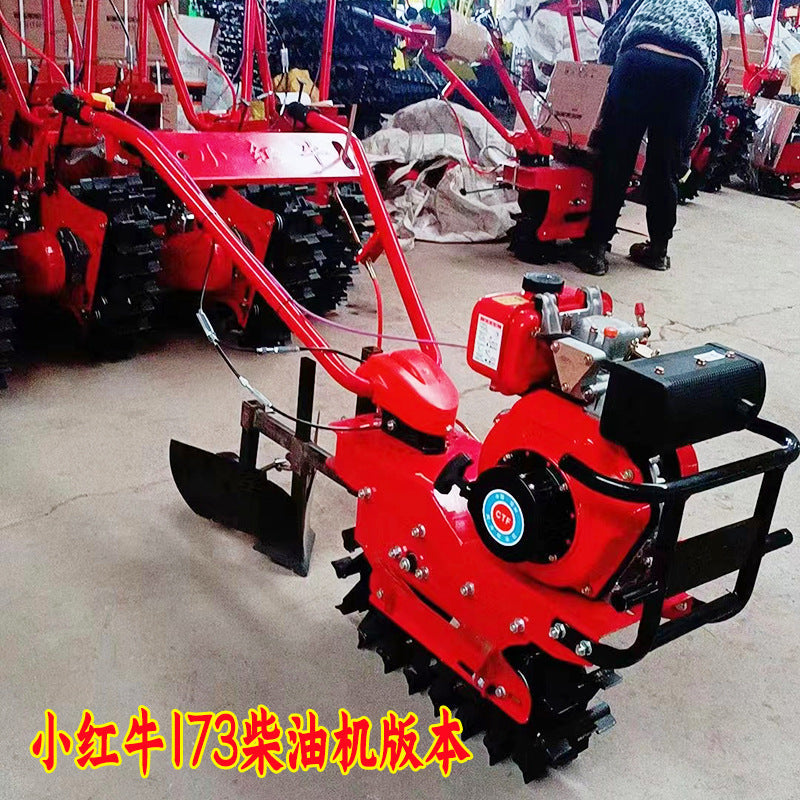 2025 New Model Crawler Small Red Bull Chain Rail Micro Tillage Machine, Tiller, Small Trenching Machine, Fertilization and Seeding Machine, Chain Rail Machine