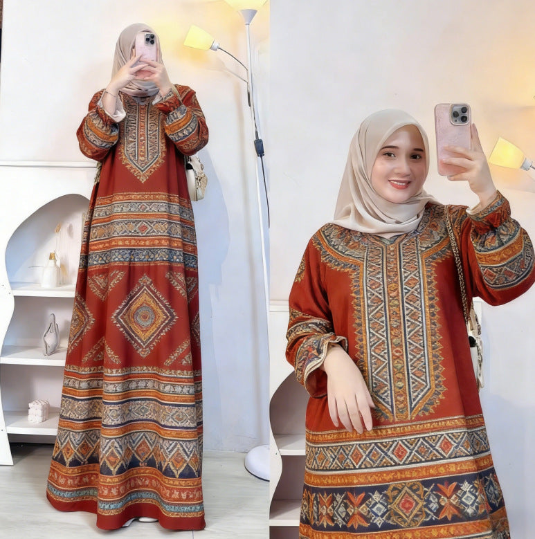 Bohemian Style Vintage Architecture Butterfly Orchid Long Dress Loose Lantern Sleeve Muslim Dress