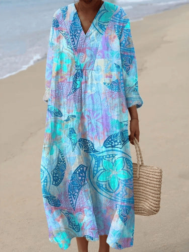 2025 Cross-Border Independent Station Amazon Long Sleeve Shirt Dress Women's Casual Floral 3D Printed Sleeve Long Skirt