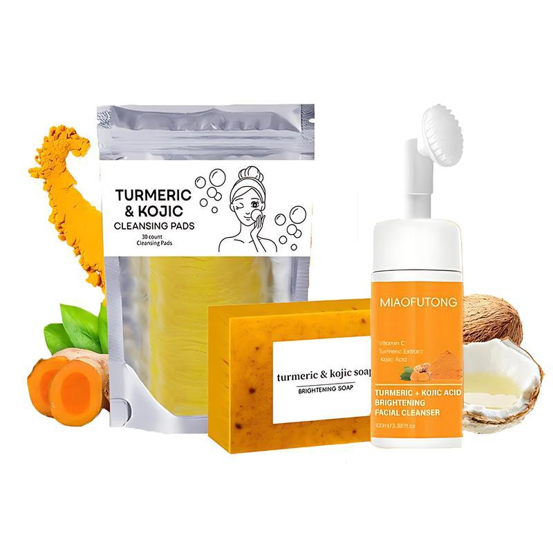 L Popular Turmeric Cleansing Mousse Facial Cleansing Pad Turmeric Soap Three-Piece Cleansing and Moisturizing Skin Care Set