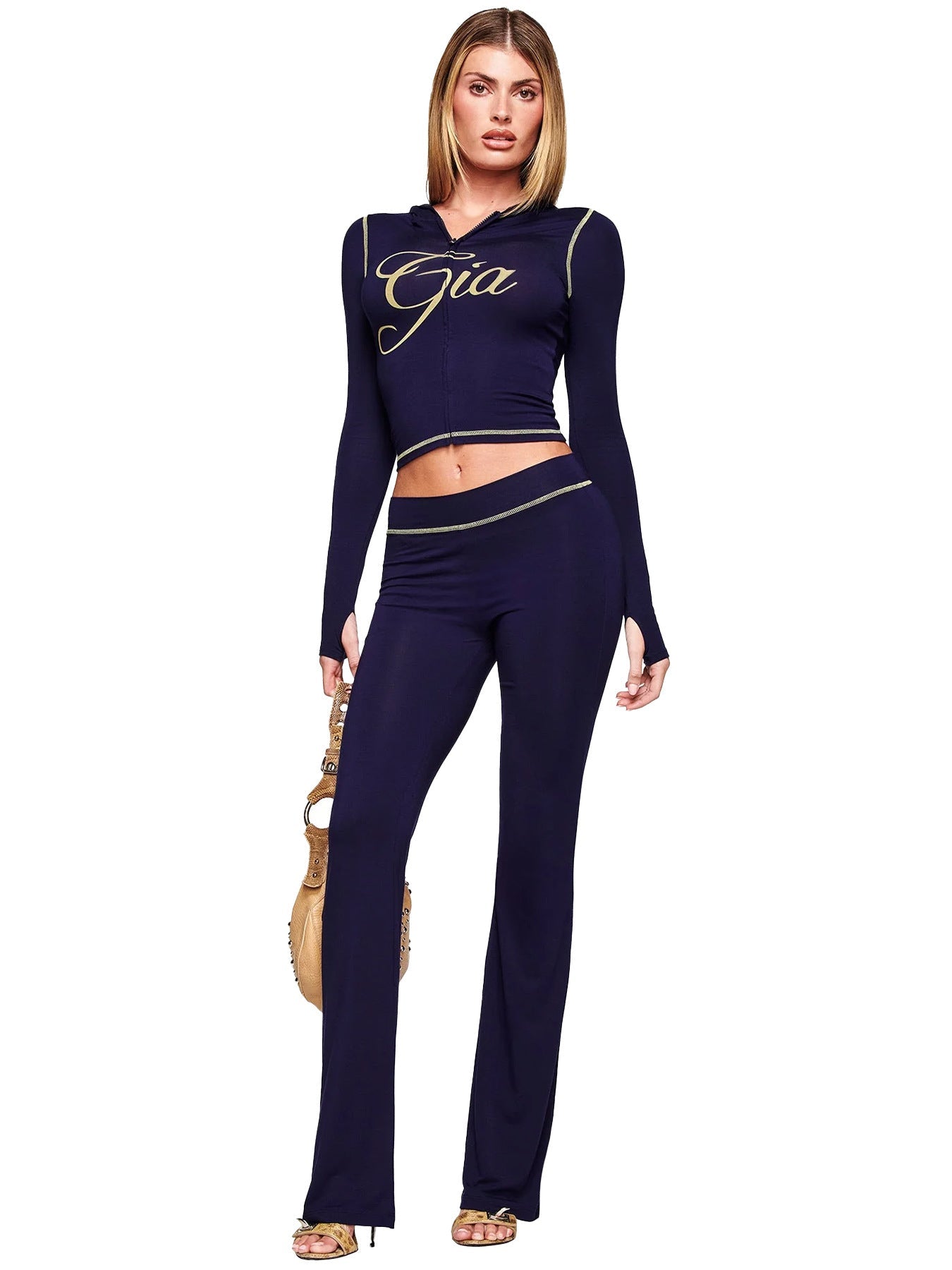 Hr25071 European and American Fashion Women's Cross-Border Supply Printed Hooded Long-Sleeved Thumb Buckle Micro-Flared Two-Piece Suit