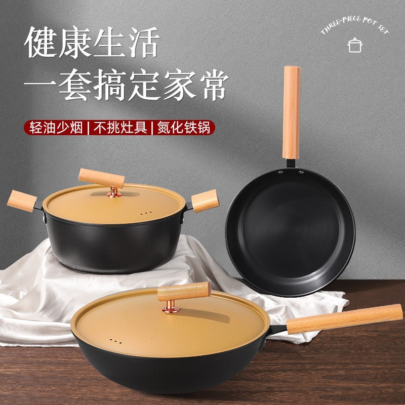 Three-Piece Gift wok flat bottom non-stick old-fashioned iron pot household soup pot steamer multi-functional breakfast frying pan wholesale