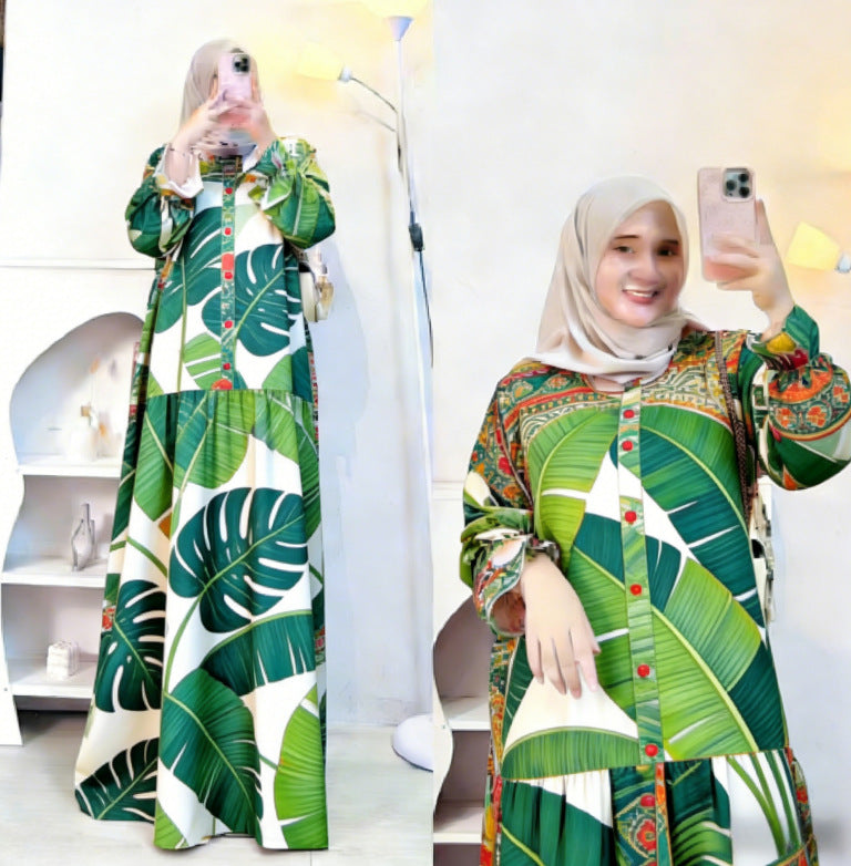 Bohemian Style Fruit Print Muslim Long Dress Loose Lantern Sleeve Stand Collar Dress Source Factory