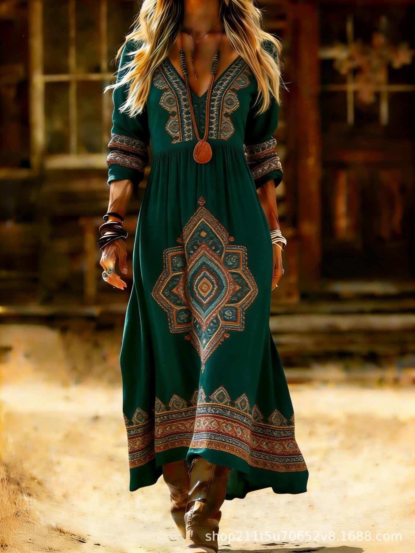 European and American Ethnic Style Long Sleeve Cross-Border Amazon Women's New Printed Dress Dress