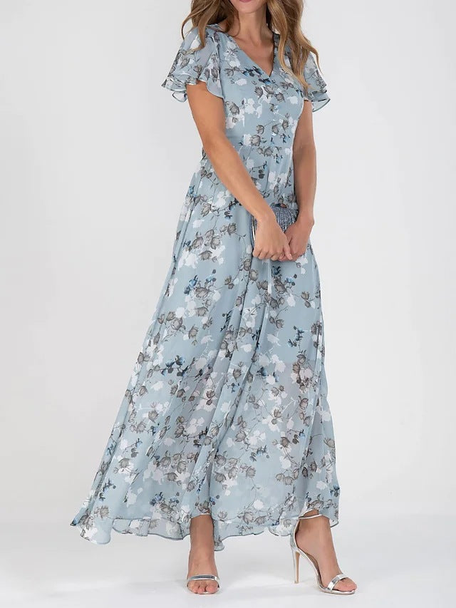 2025 European and American New Style Beach Long Skirt Chiffon Floral Short-Sleeved Ruffled V Neck Fashion Waist Dress
