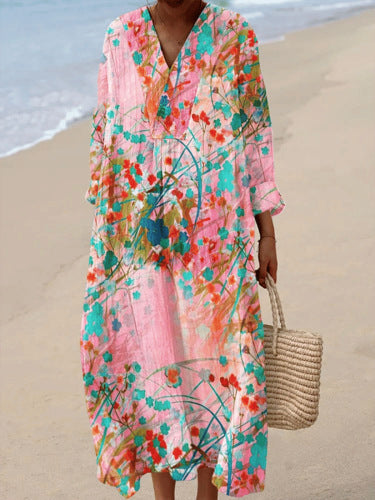 2025 Cross-Border Independent Station Amazon Long Sleeve Shirt Dress Women's Casual Floral 3D Printed Sleeve Long Skirt